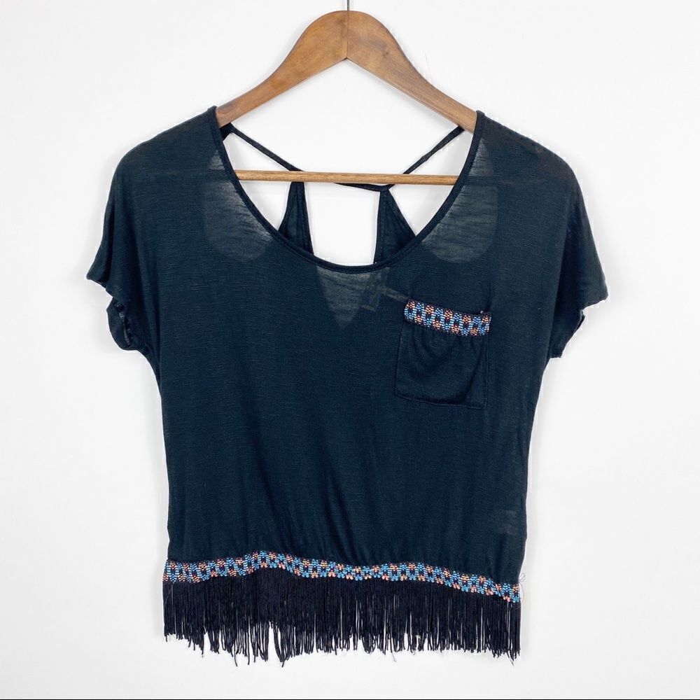 Kirra Black Short Sleeve Fringe Crop Top